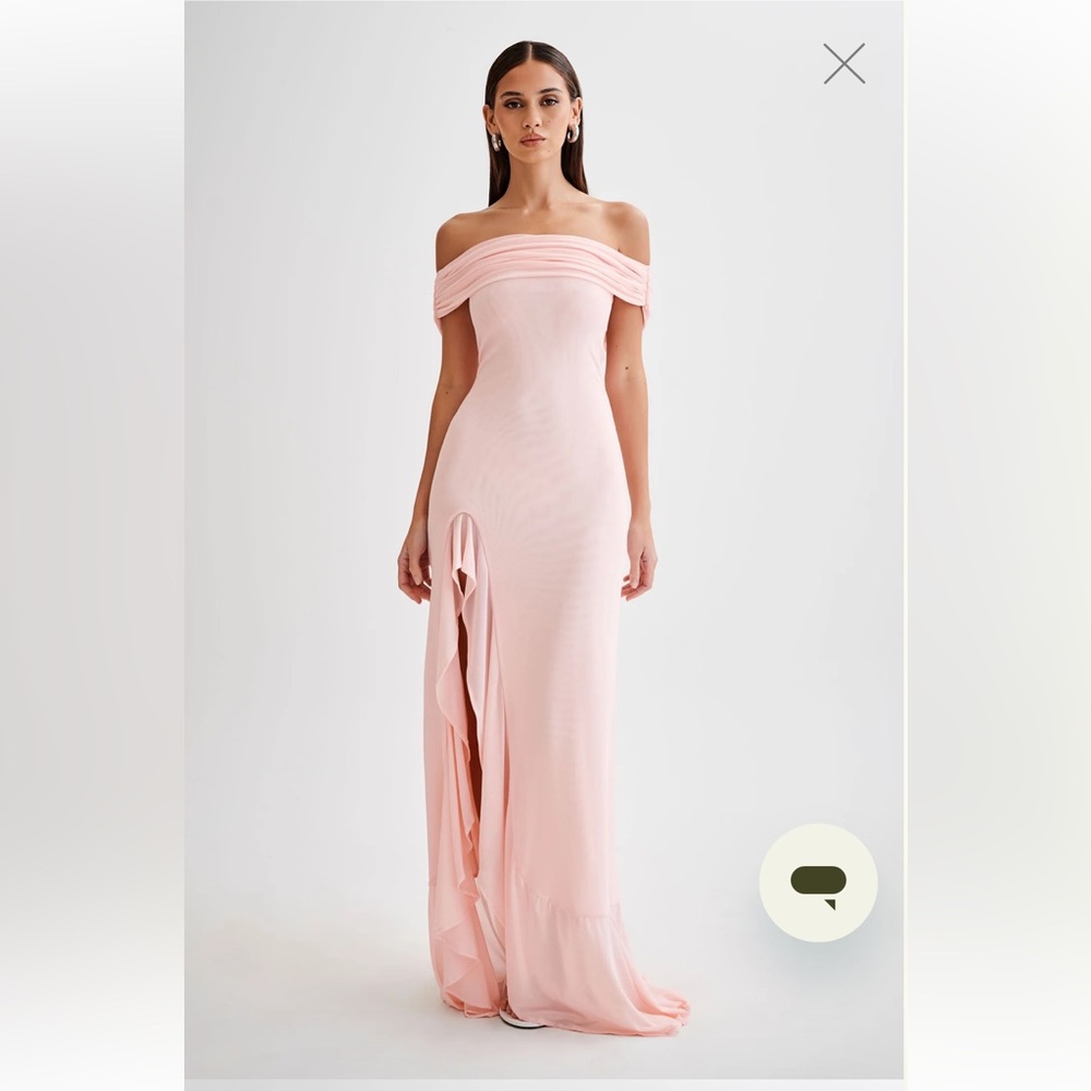 Audrey Off Shoulder Mesh Maxi Dress by Meshki in Pale Pink